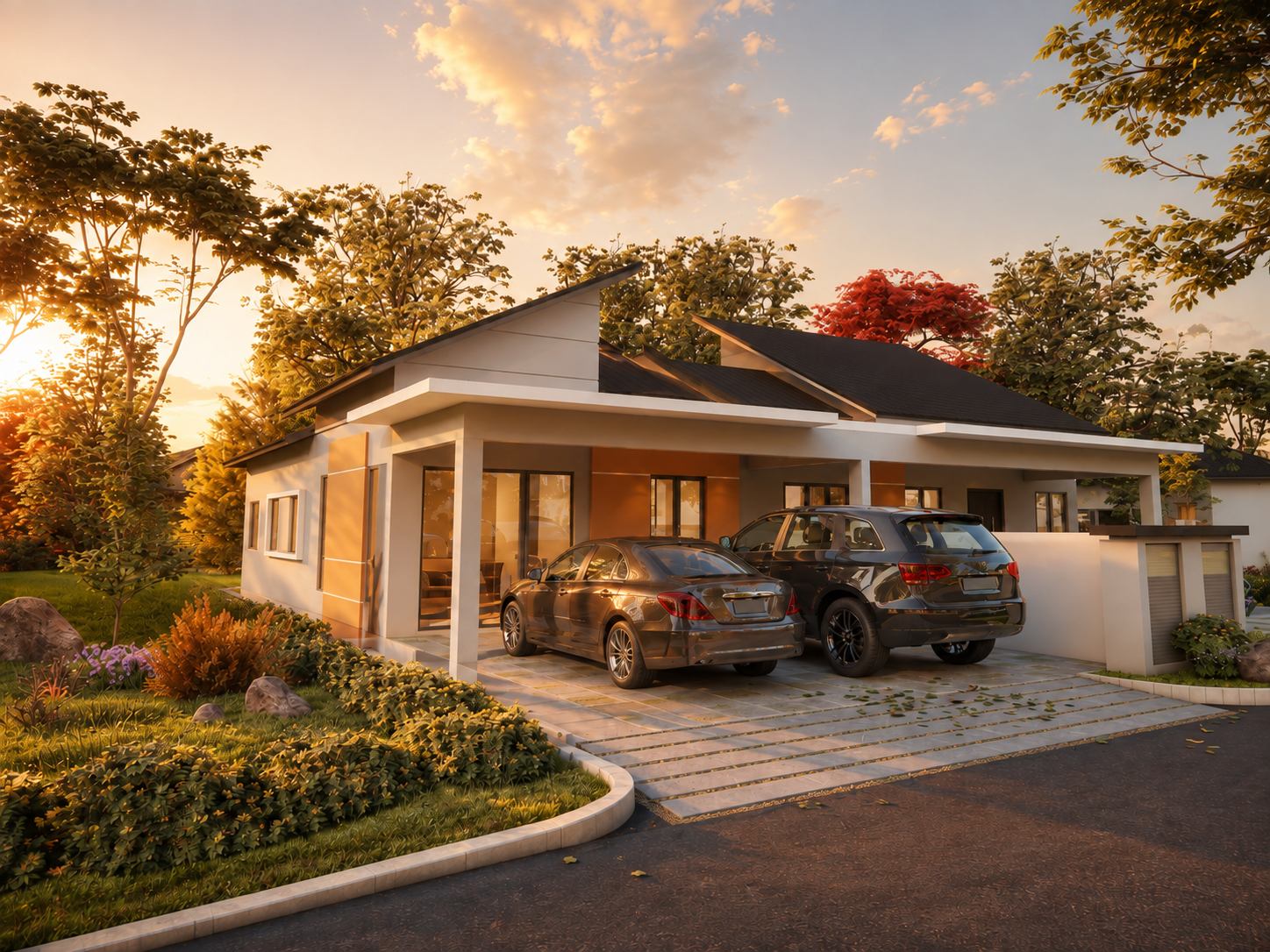 Megahomes semi-detached house at sunset framed by lush garden greenery